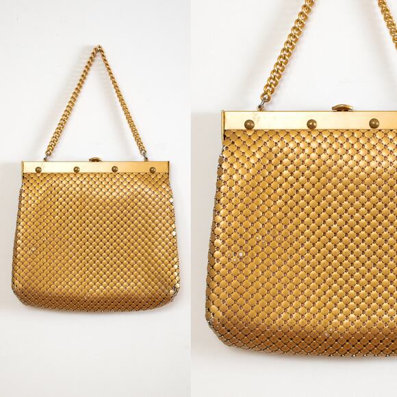 Vintage 1960s Purse 60s WHITING & DAVIS Gold Metal Mesh Top Handle Handbag